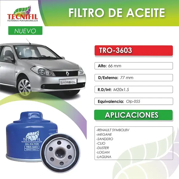 Filtro Tro-3603 (Renault Clio, Sandero, Sangyon, Megane)